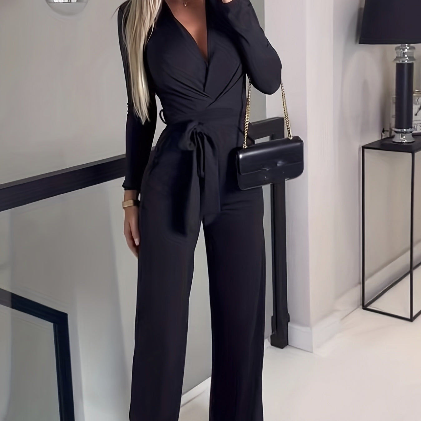 Deep V-Neck Wrap Belted Wide-Leg Jumpsuit