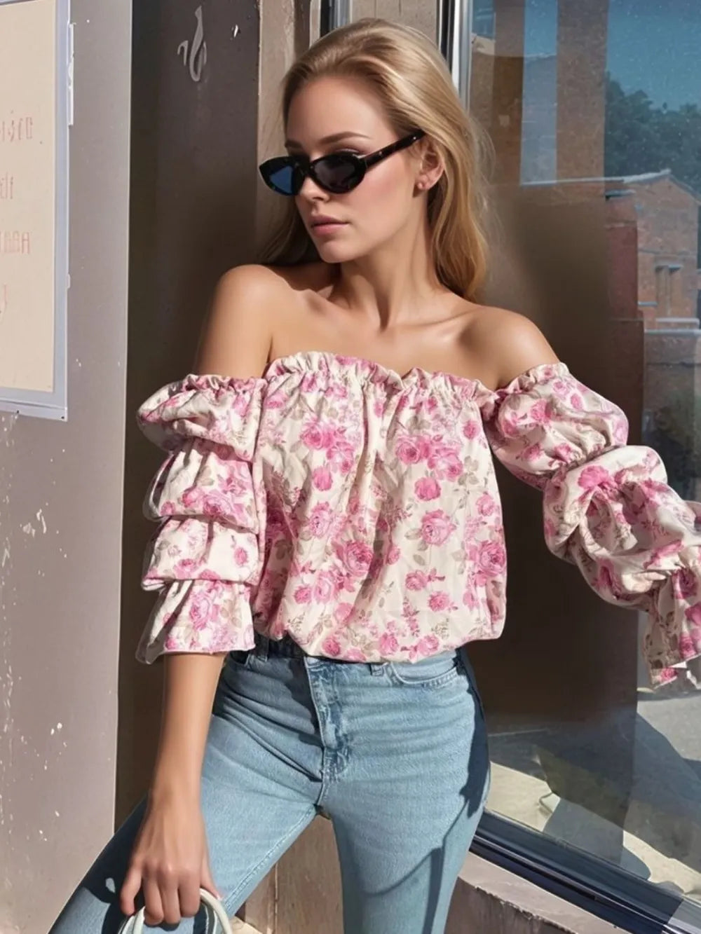 The Printed Off-Shoulder Flounce Sleeve Blouse
