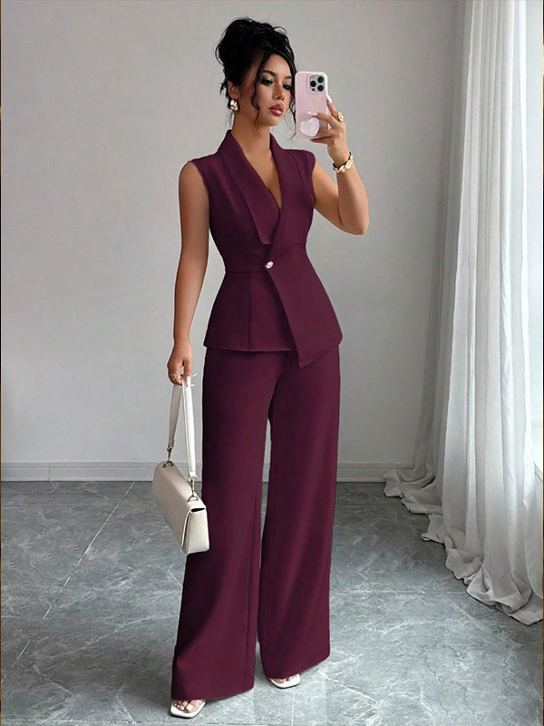 Sleeveless Blazer & Straight-Leg Pants Two-Piece Set