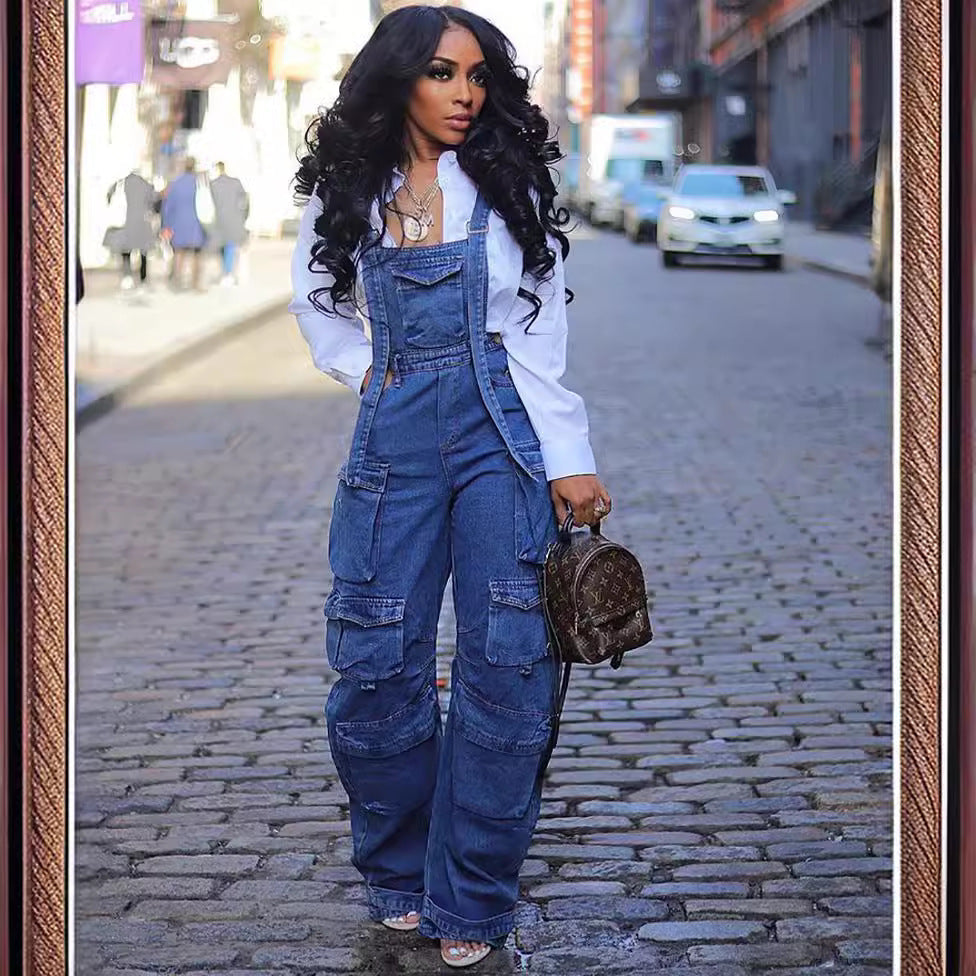 Denim Cargo Overall Jumpsuit | Wide-Leg Bib Multi-Pocket Loose Fit