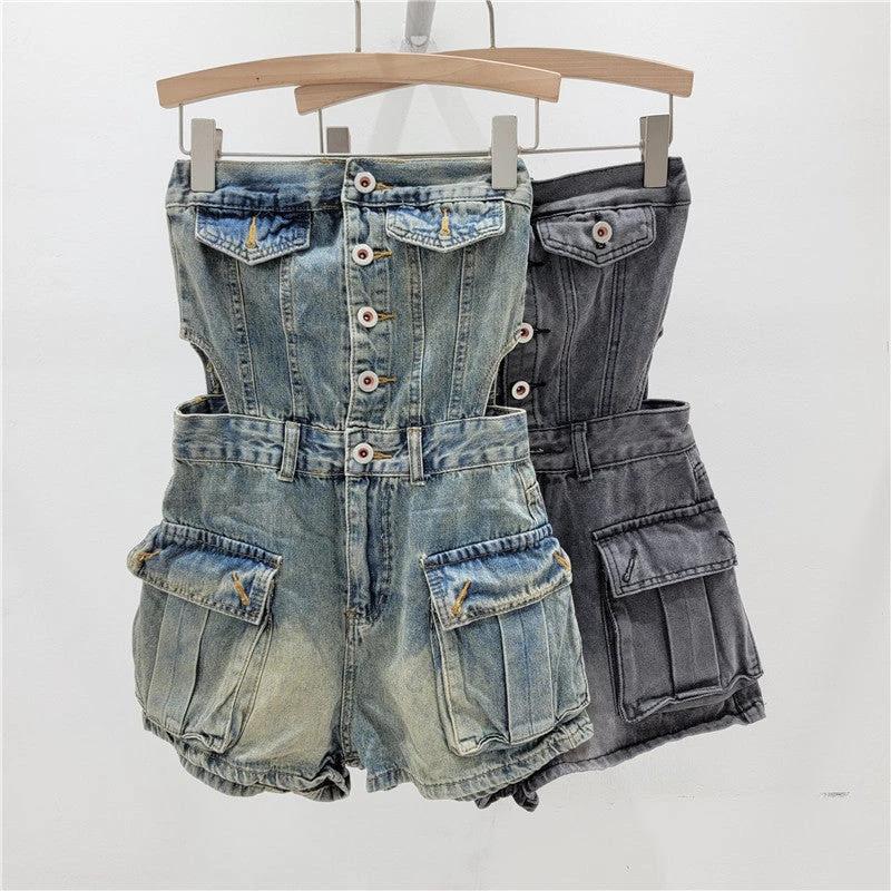 The Denim District Strapless Cutout Romper