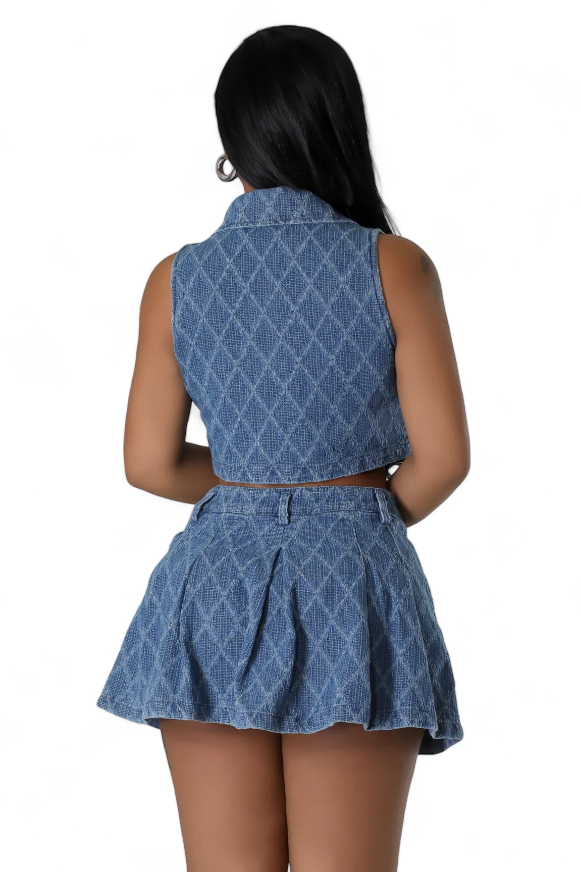 Jacquard Denim Crop Vest & Flared Mini Skirt Set