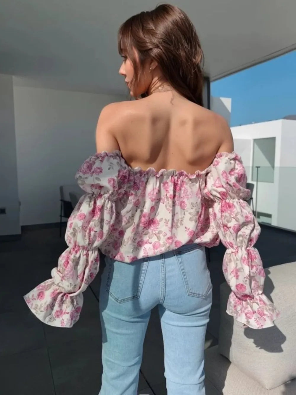 The Printed Off-Shoulder Flounce Sleeve Blouse