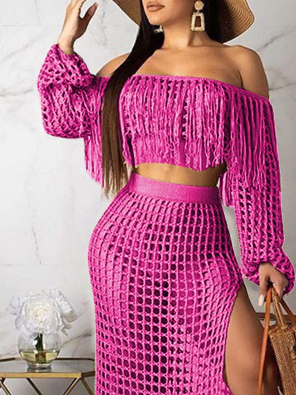 The Coastal Fringe Crochet Skirt Set