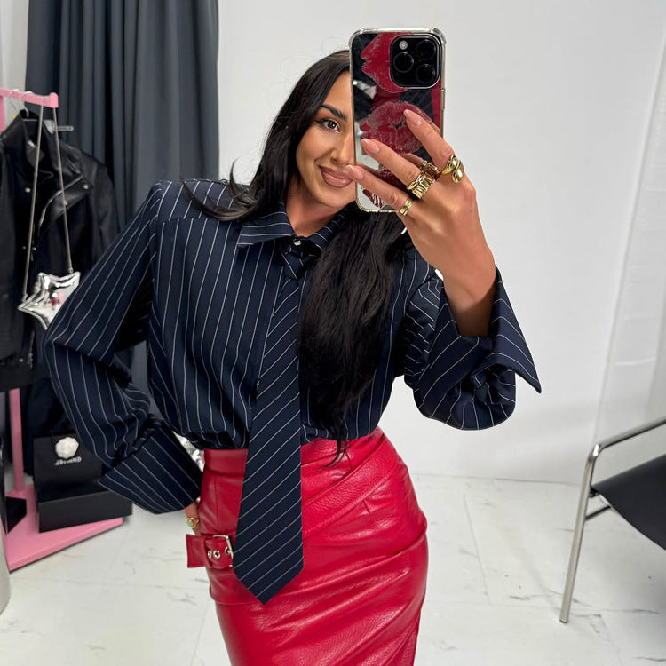 Pinstripe Tie-Neck Structured Shoulder Cropped Shirt