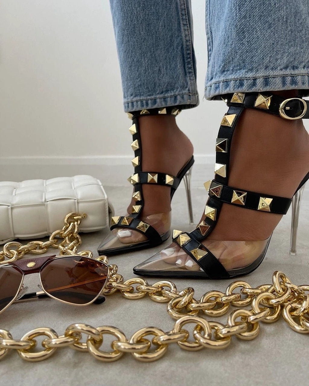 The Studded Soirée Clear Pointed-Toe Heels