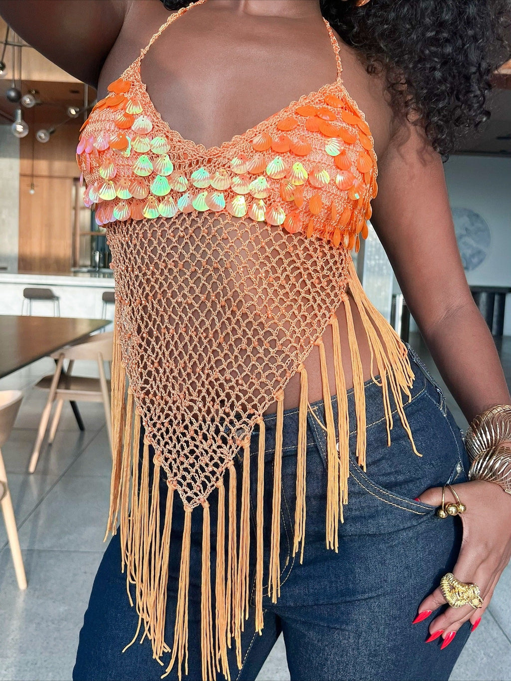 Sequin Disc Halter Crochet Fringe Crop Top