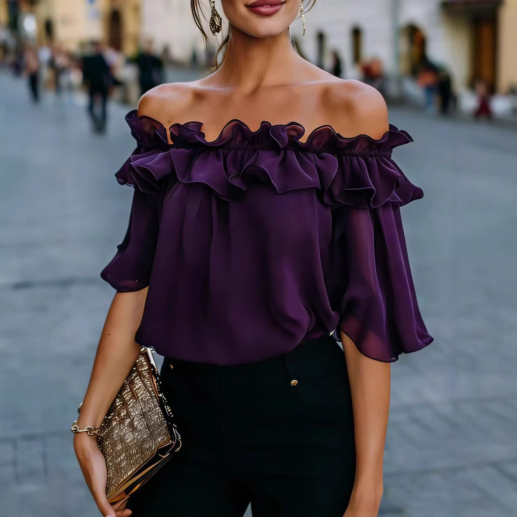 Off-Shoulder Ruffle Top – Short Sleeve Chiffon Blouse