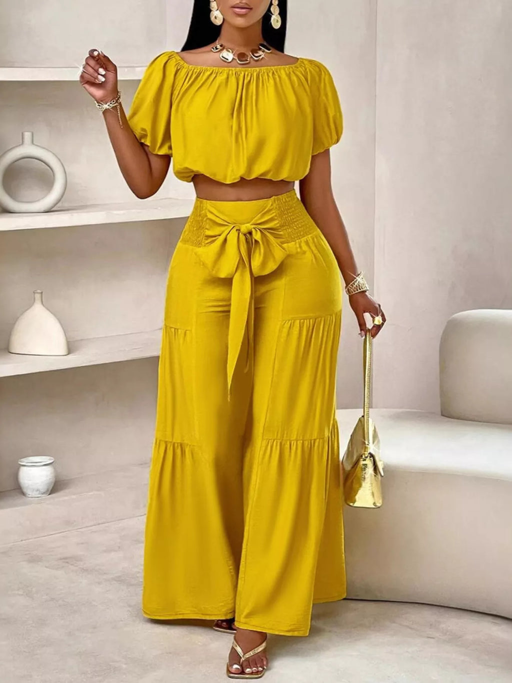 The Golden Escape Bow-Waist Pants Set
