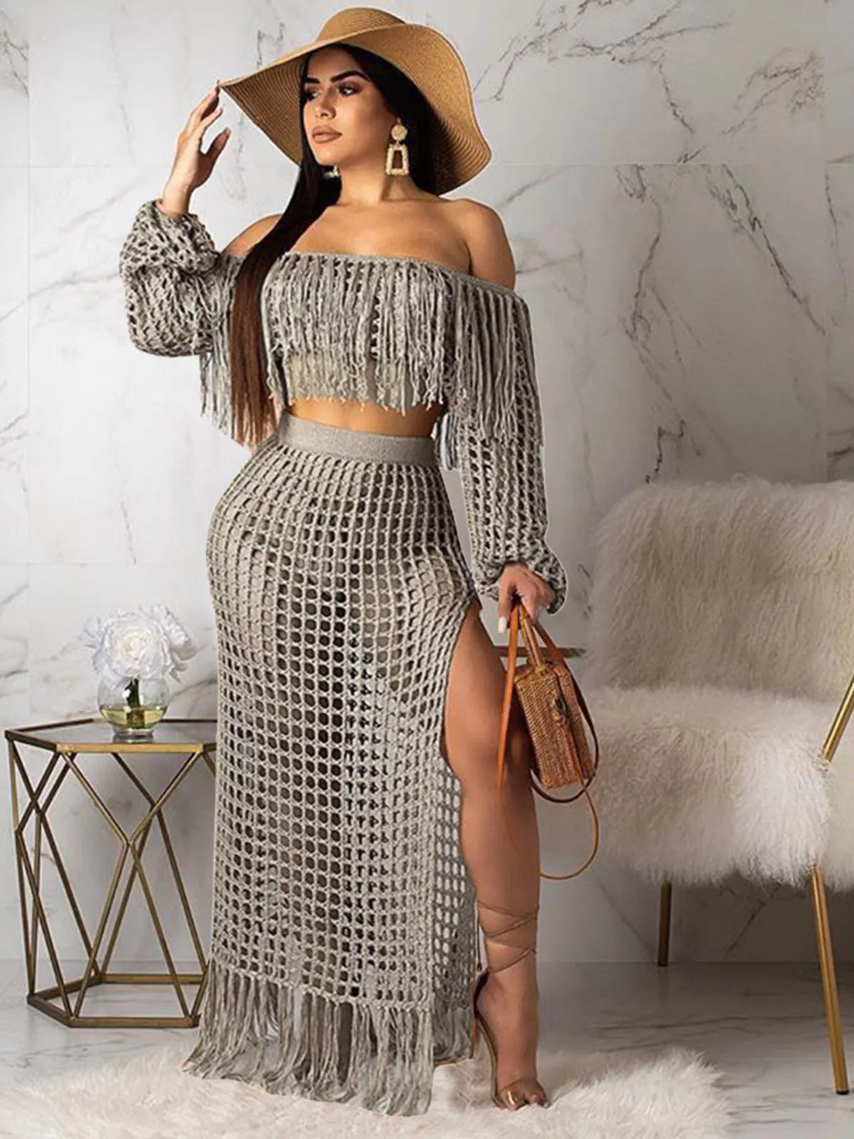 The Coastal Fringe Crochet Skirt Set