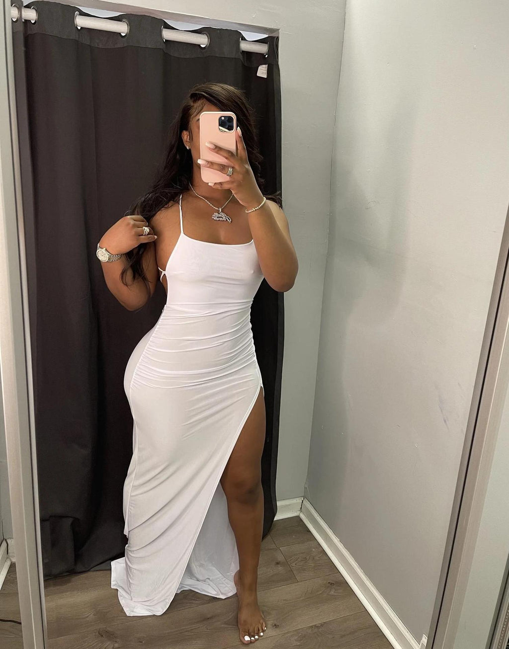 Spaghetti Strap Ruched Side Slit Backless Tie Bodycon Maxi Dress