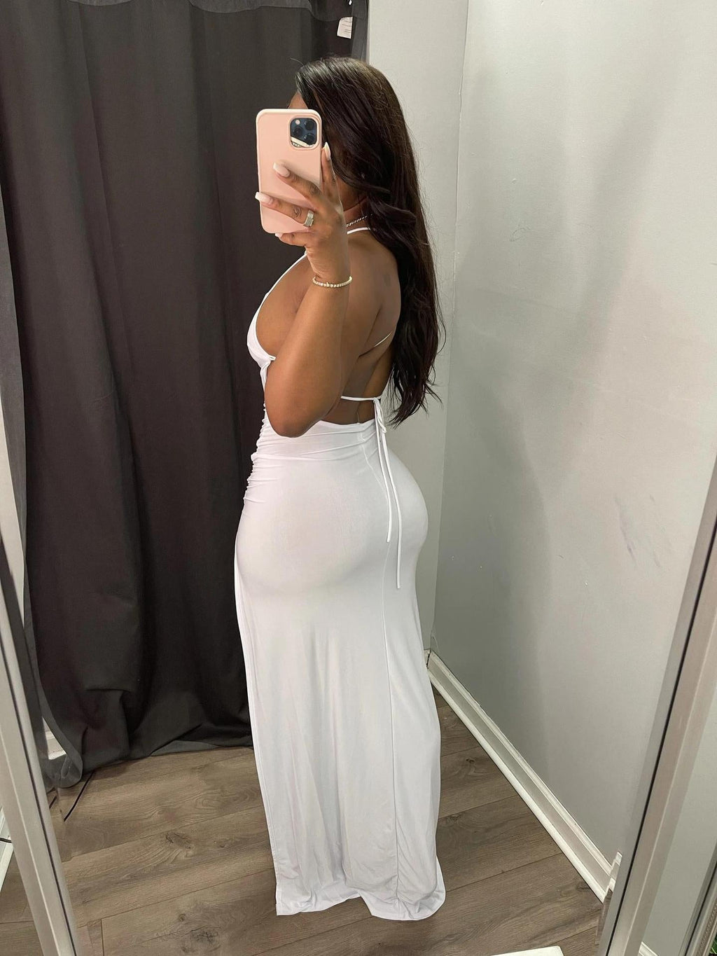 Spaghetti Strap Ruched Side Slit Backless Tie Bodycon Maxi Dress