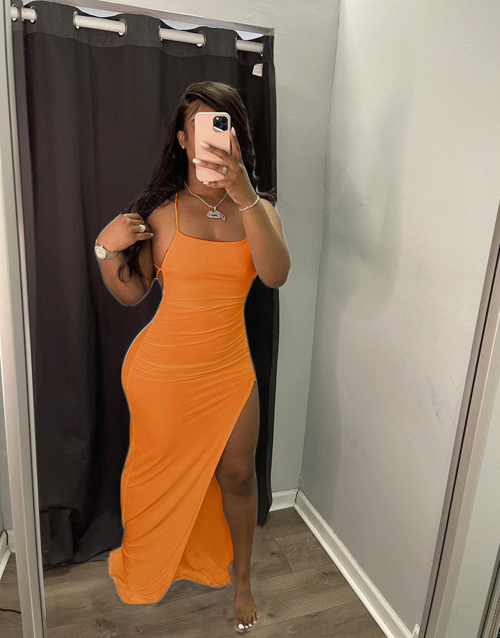 Spaghetti Strap Ruched Side Slit Backless Tie Bodycon Maxi Dress