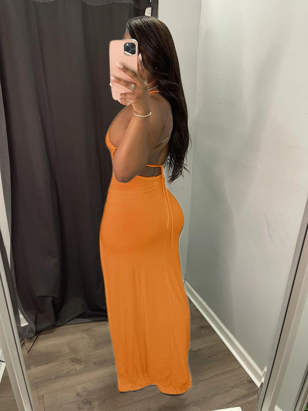 Spaghetti Strap Ruched Side Slit Backless Tie Bodycon Maxi Dress