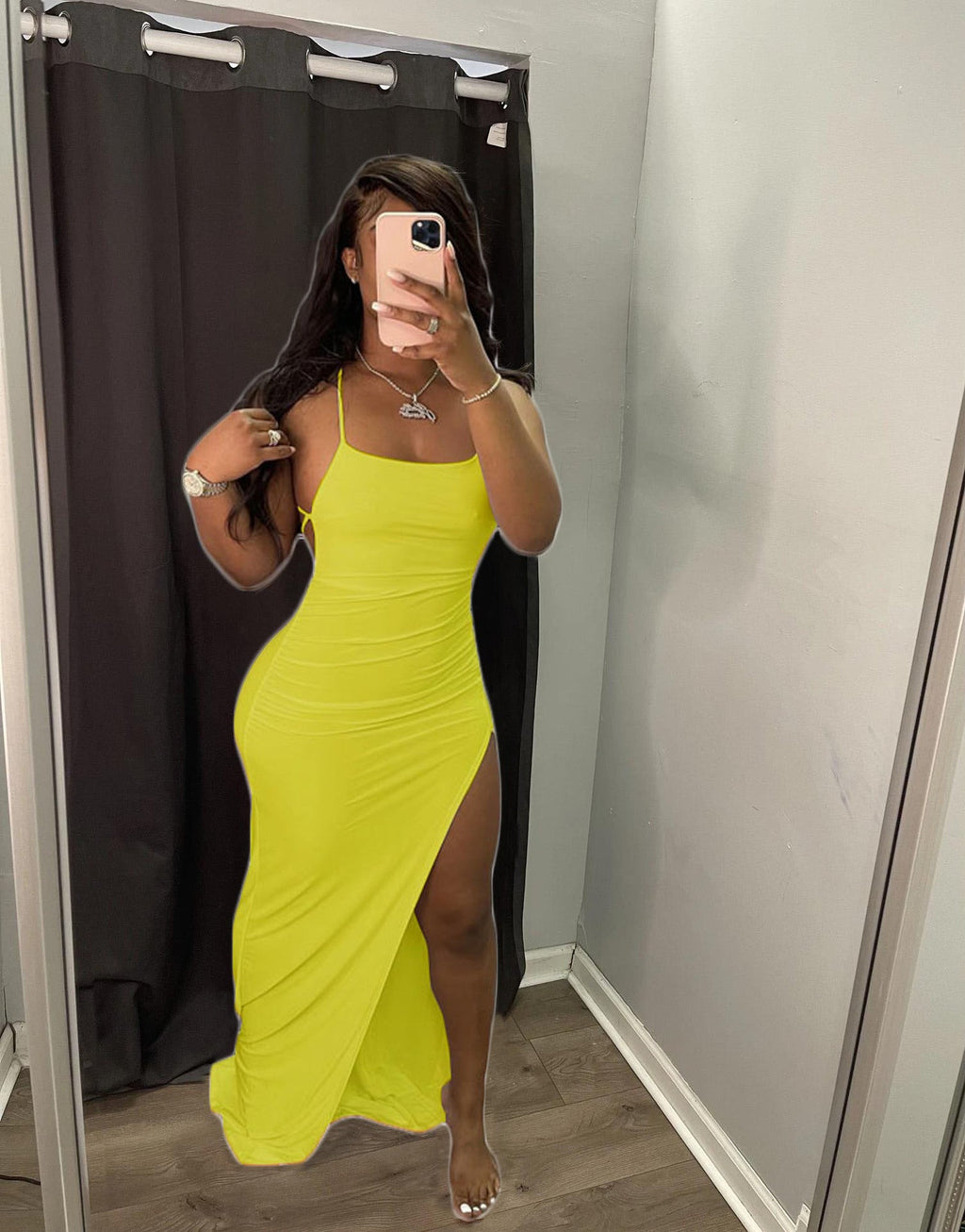 Spaghetti Strap Ruched Side Slit Backless Tie Bodycon Maxi Dress