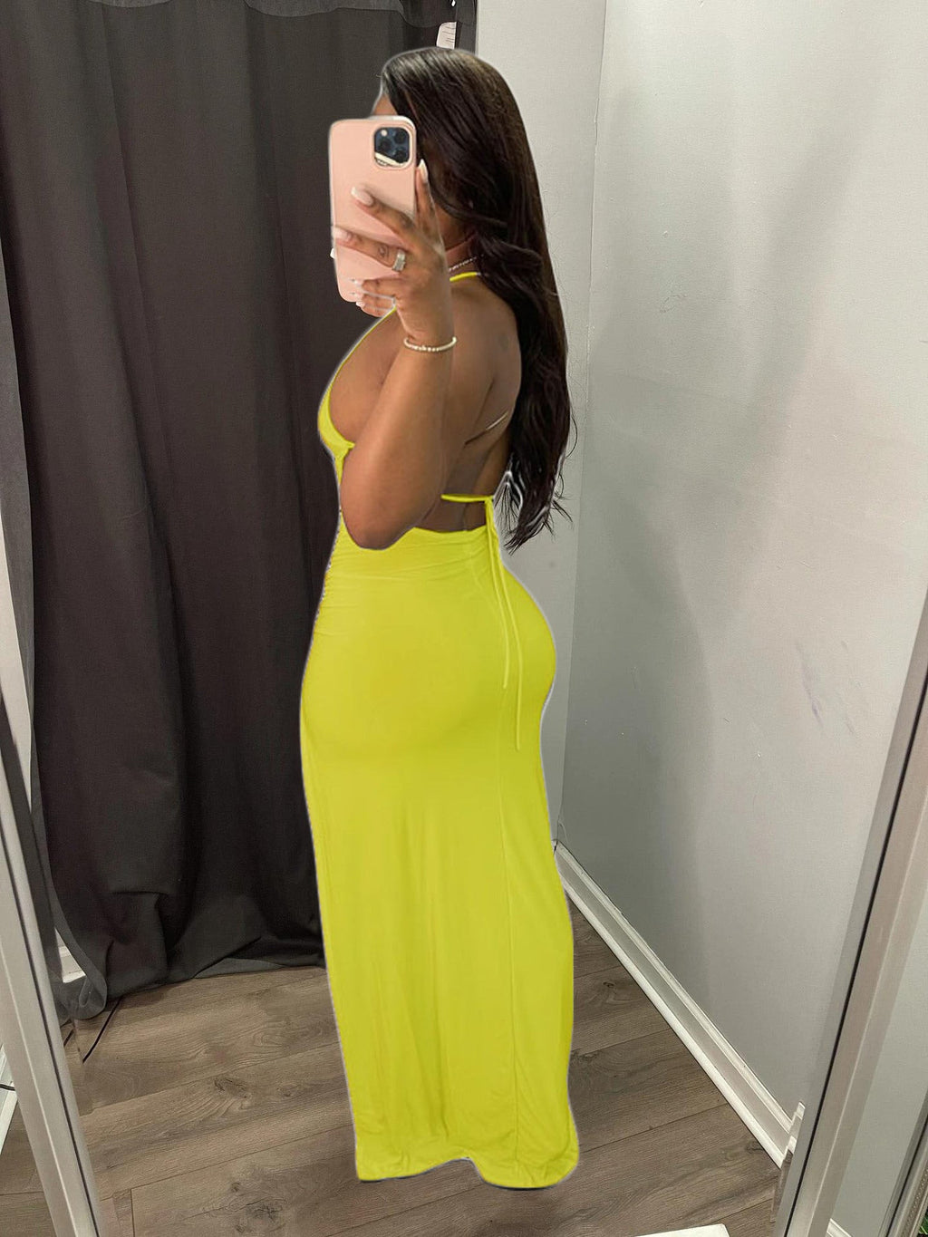 Spaghetti Strap Ruched Side Slit Backless Tie Bodycon Maxi Dress