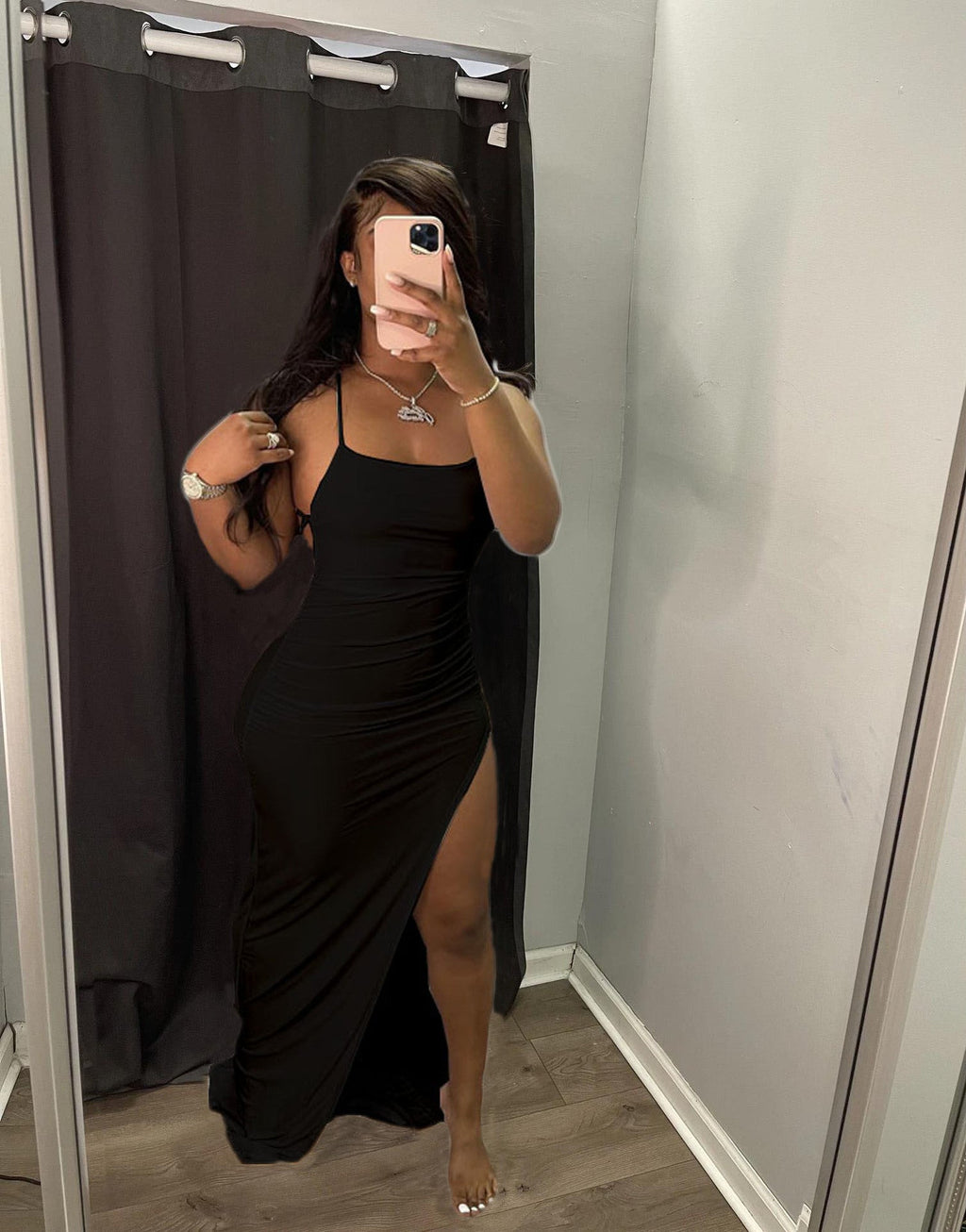 Spaghetti Strap Ruched Side Slit Backless Tie Bodycon Maxi Dress
