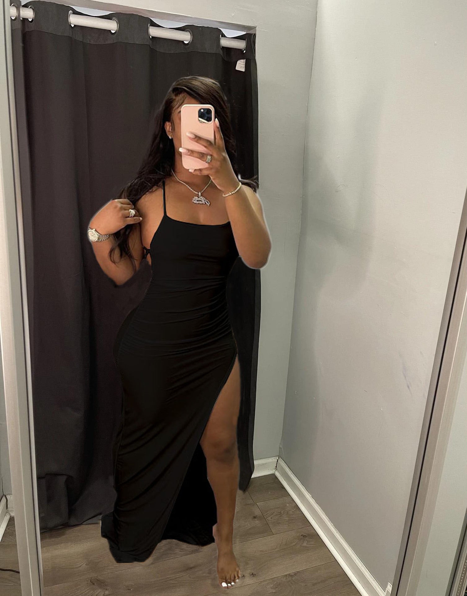 Spaghetti Strap Ruched Side Slit Backless Tie Bodycon Maxi Dress