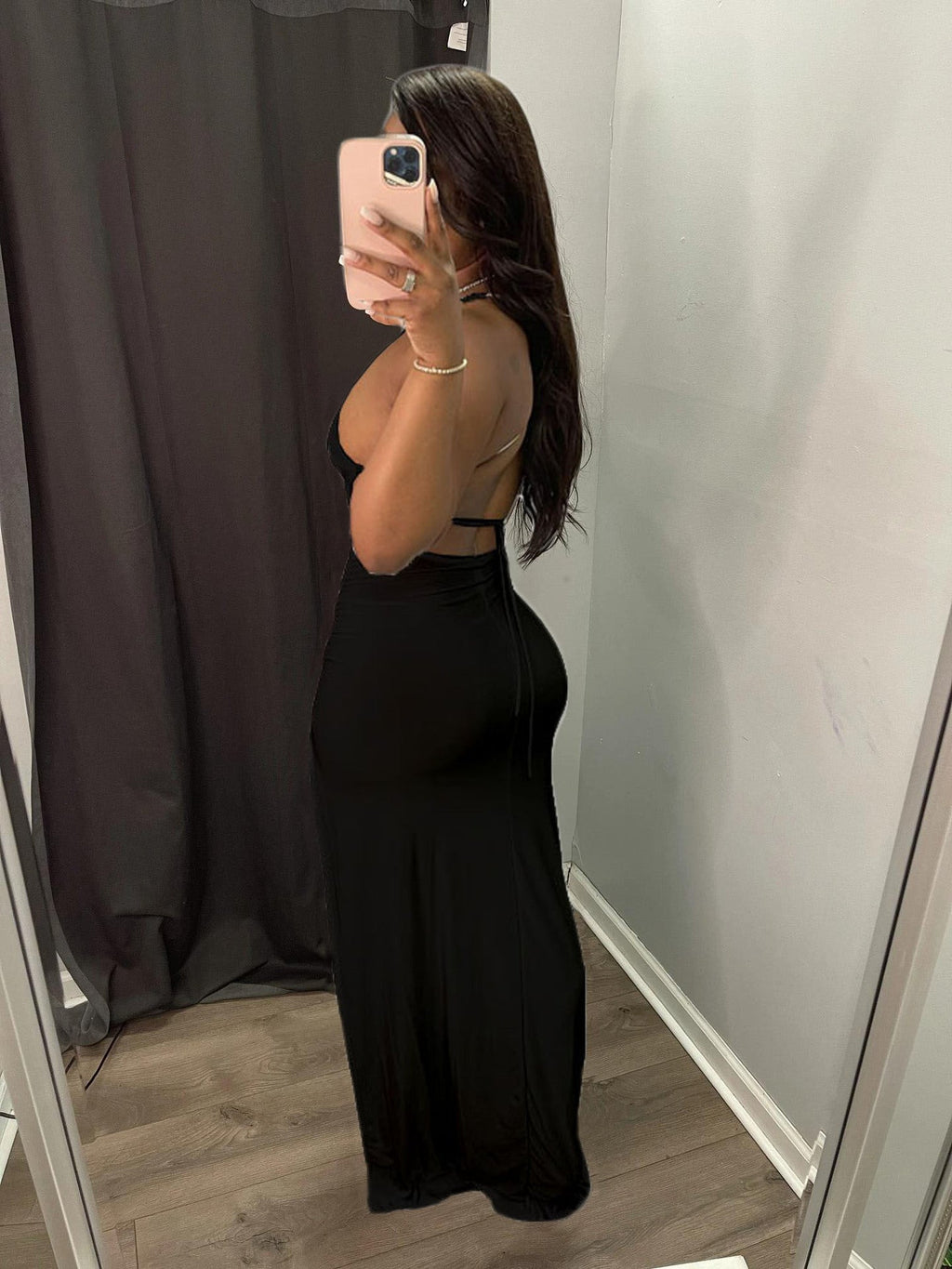 Spaghetti Strap Ruched Side Slit Backless Tie Bodycon Maxi Dress