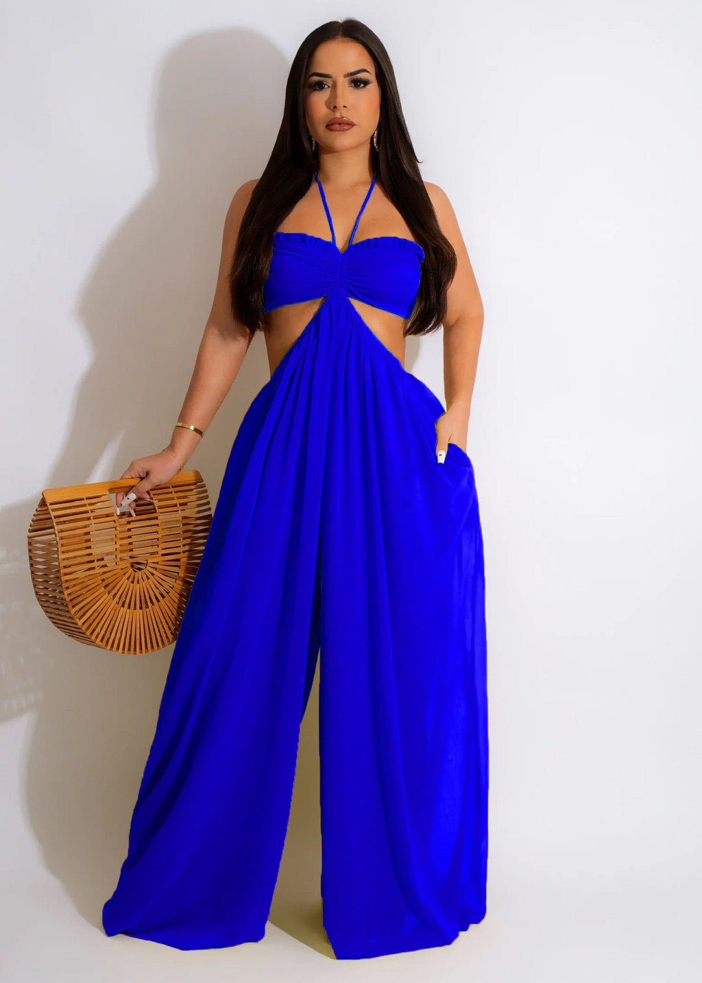 Sun Goddess Twist Knot Cutout Wide-Leg Palazzo Jumpsuit