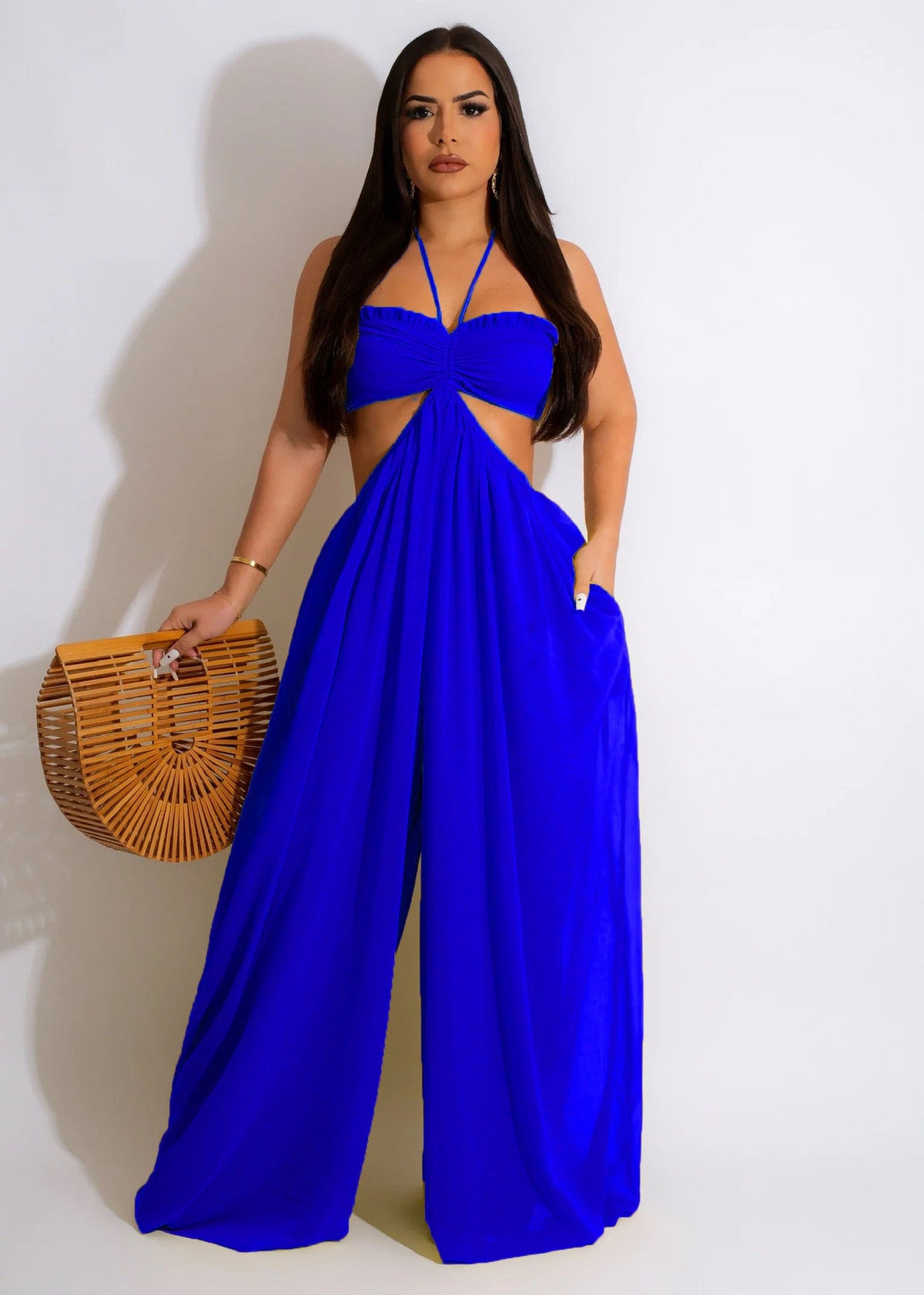 Sun Goddess Twist Knot Cutout Wide-Leg Palazzo Jumpsuit