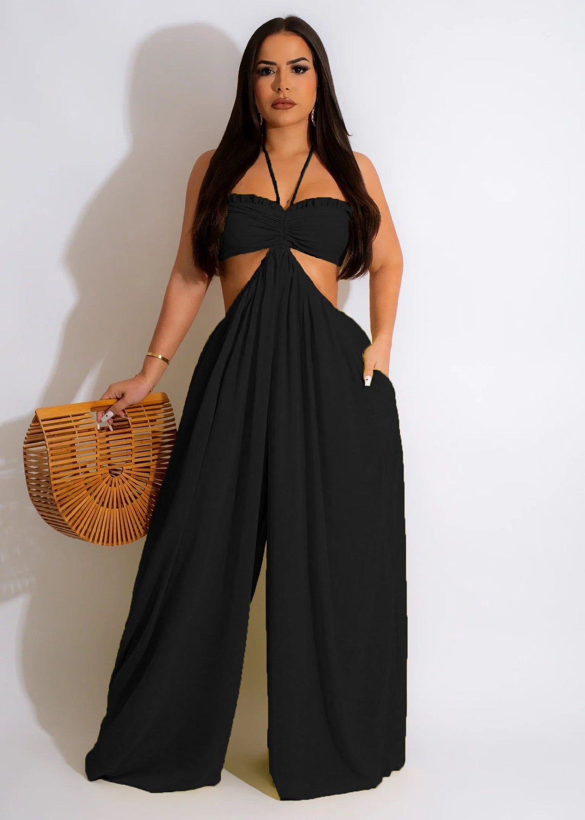 Sun Goddess Twist Knot Cutout Wide-Leg Palazzo Jumpsuit