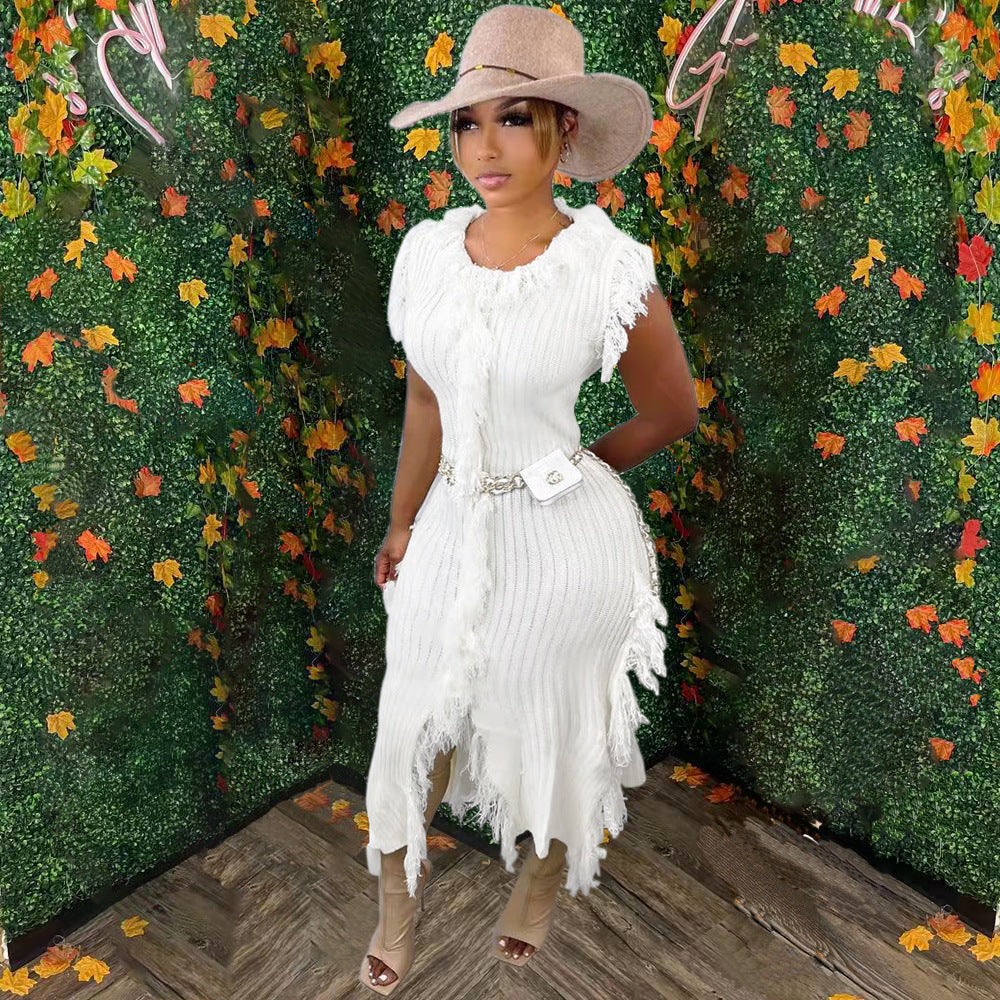 Ribbed Knit Fringe Trim Asymmetric Bodycon Midi Dress