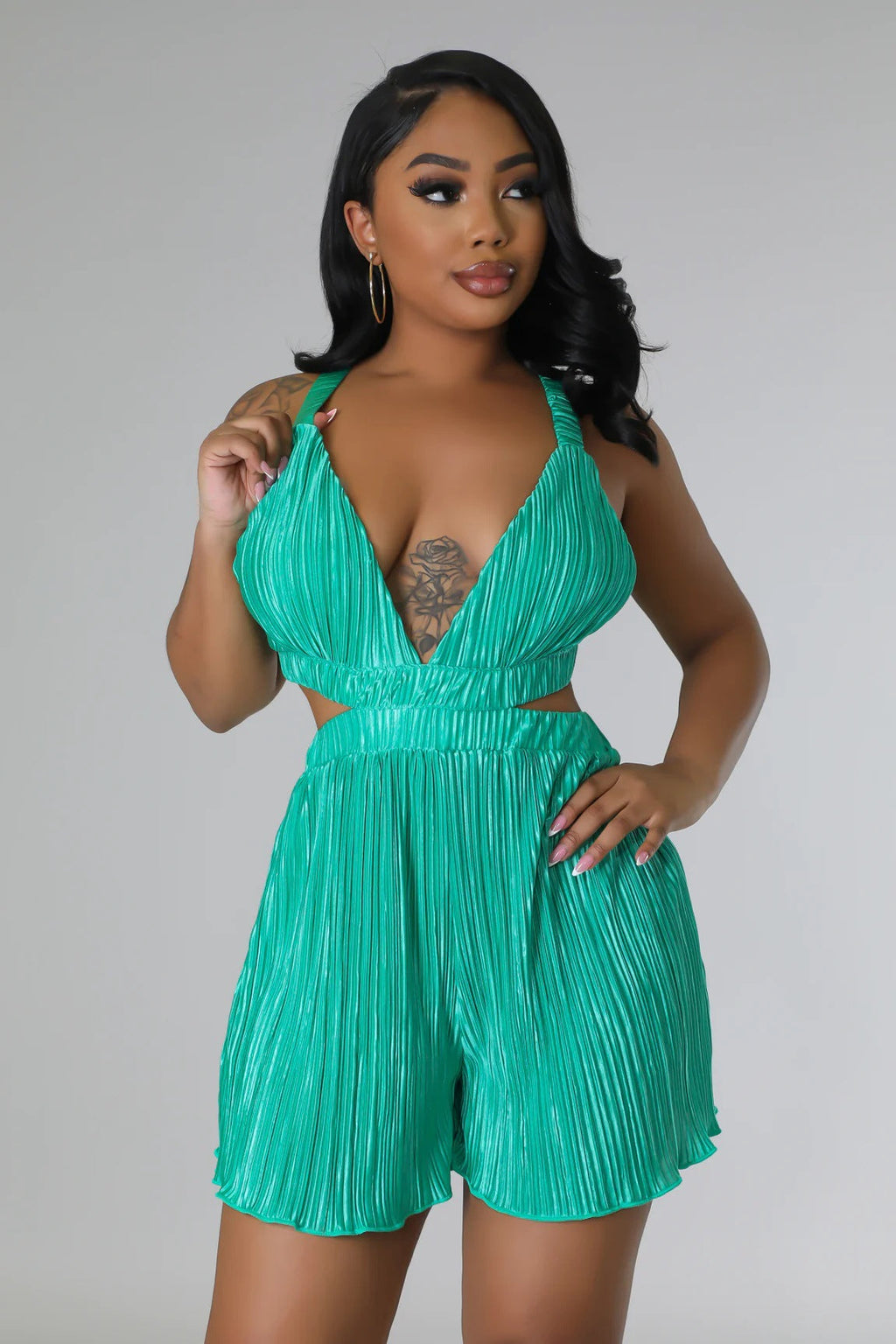 Good Vibes Pleated Deep V Cutout Waist Short Romper