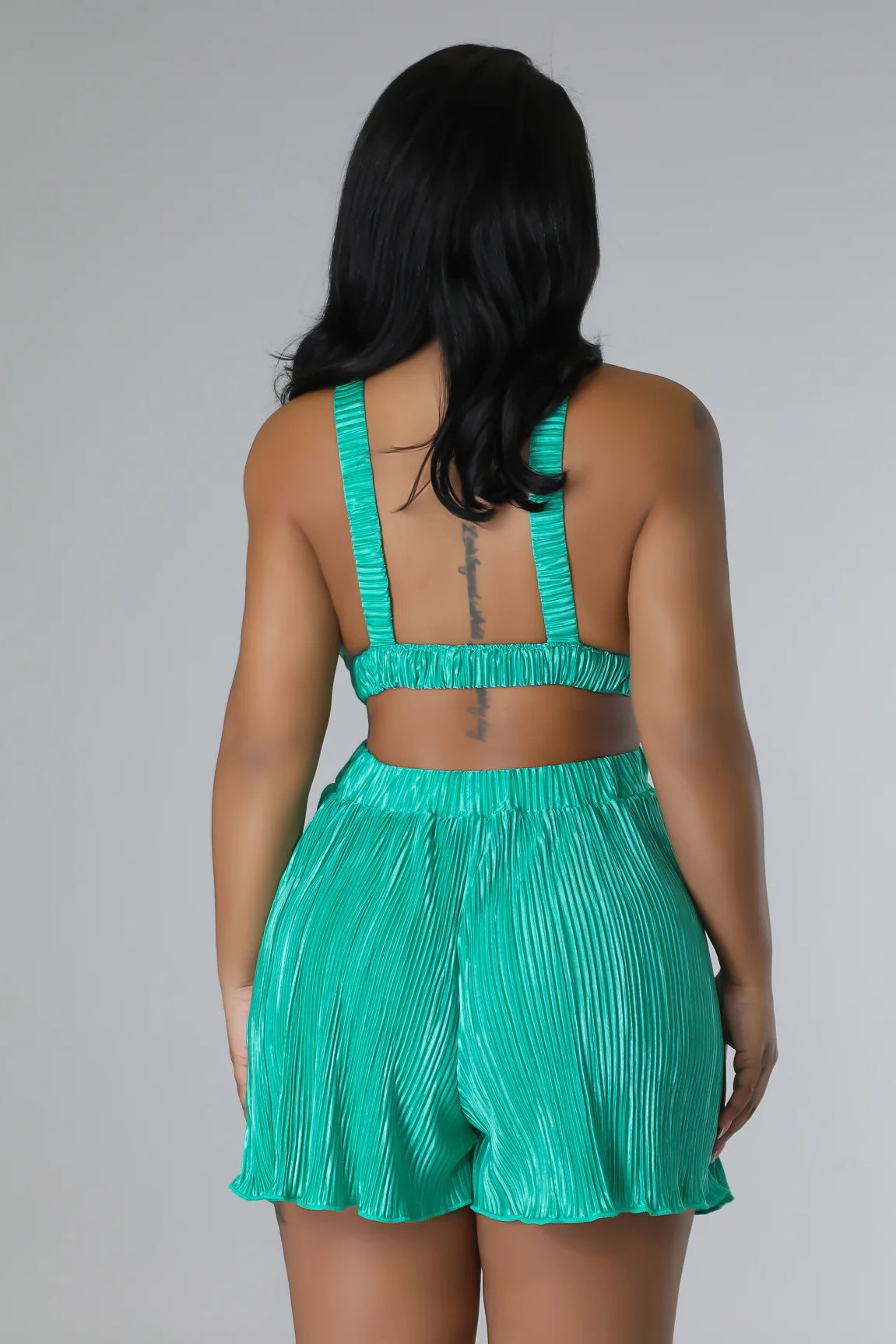 Good Vibes Pleated Deep V Cutout Waist Short Romper