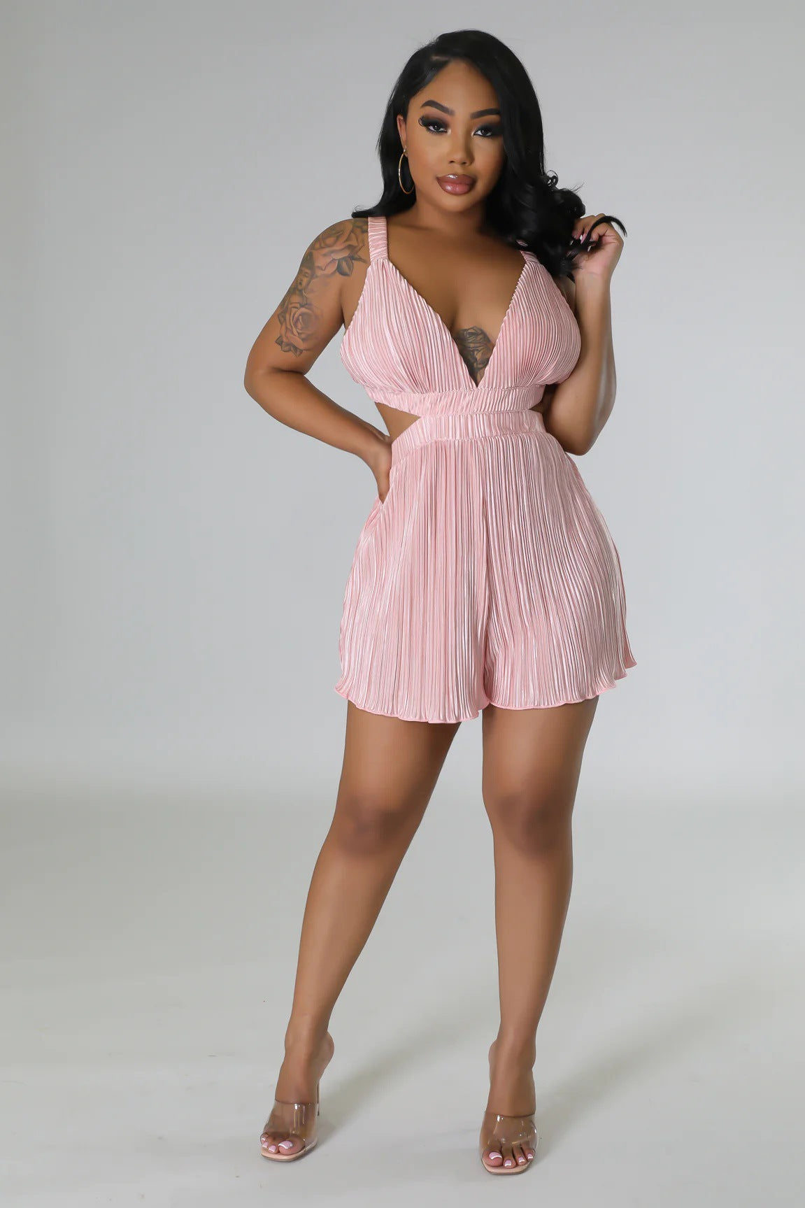 Good Vibes Pleated Deep V Cutout Waist Short Romper