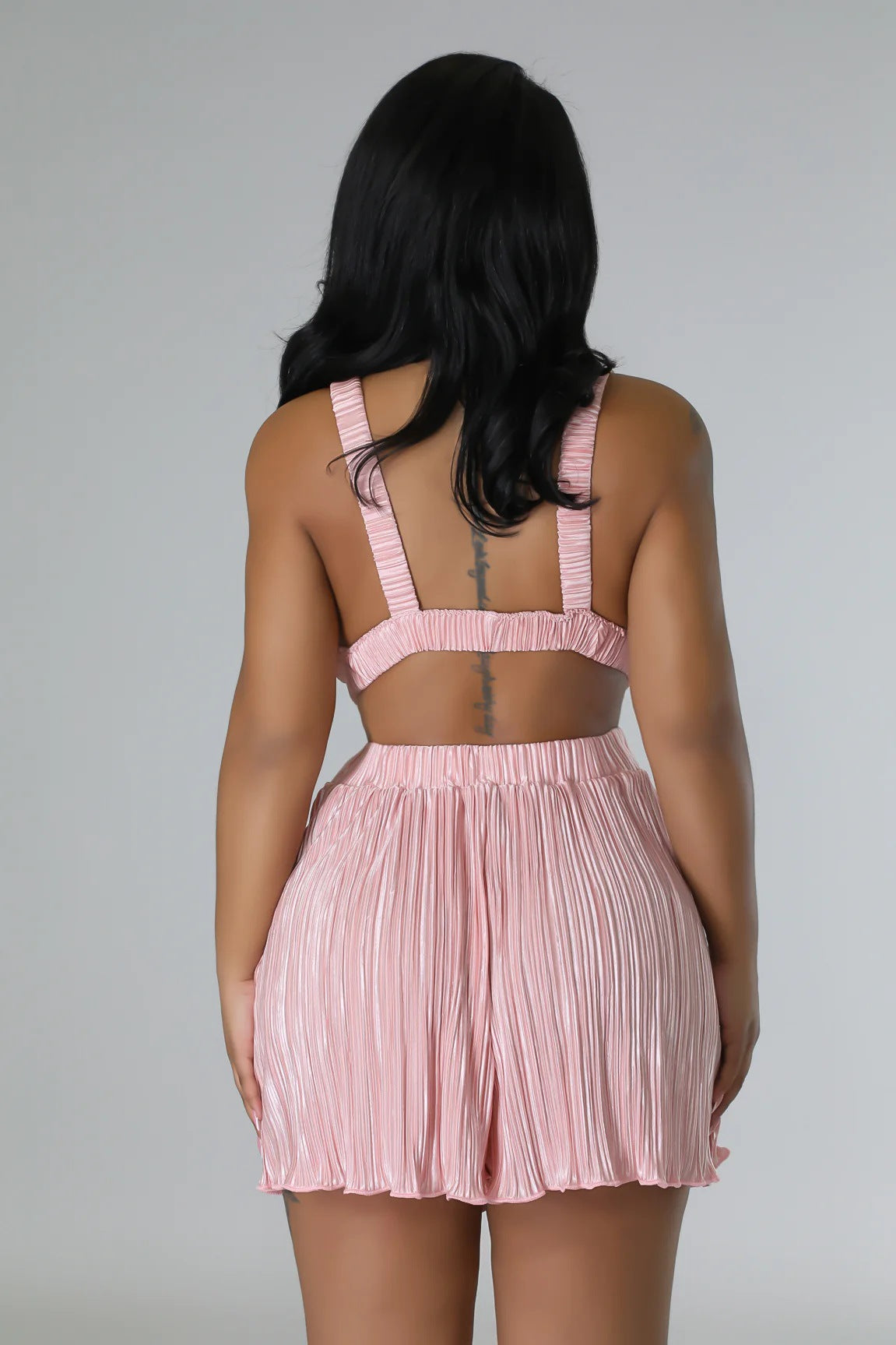 Good Vibes Pleated Deep V Cutout Waist Short Romper