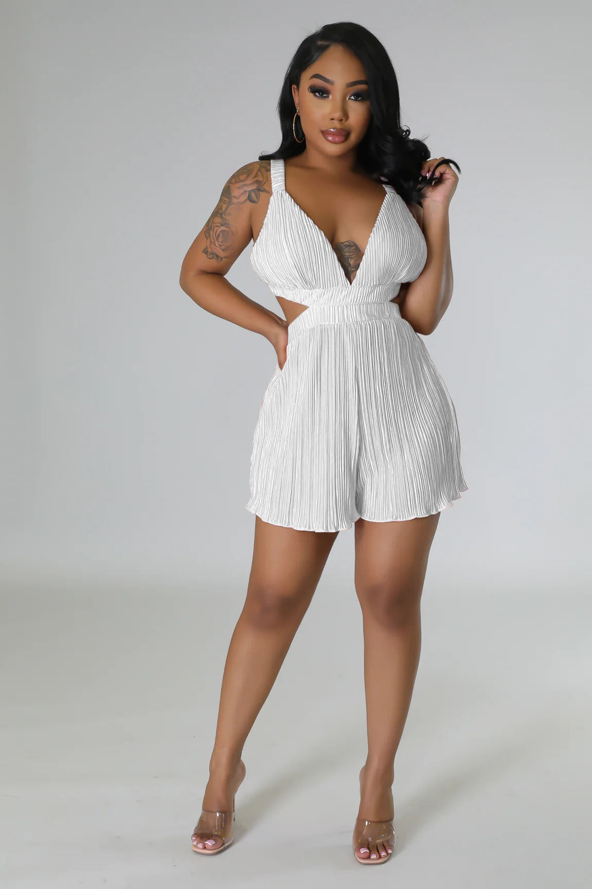 Good Vibes Pleated Deep V Cutout Waist Short Romper