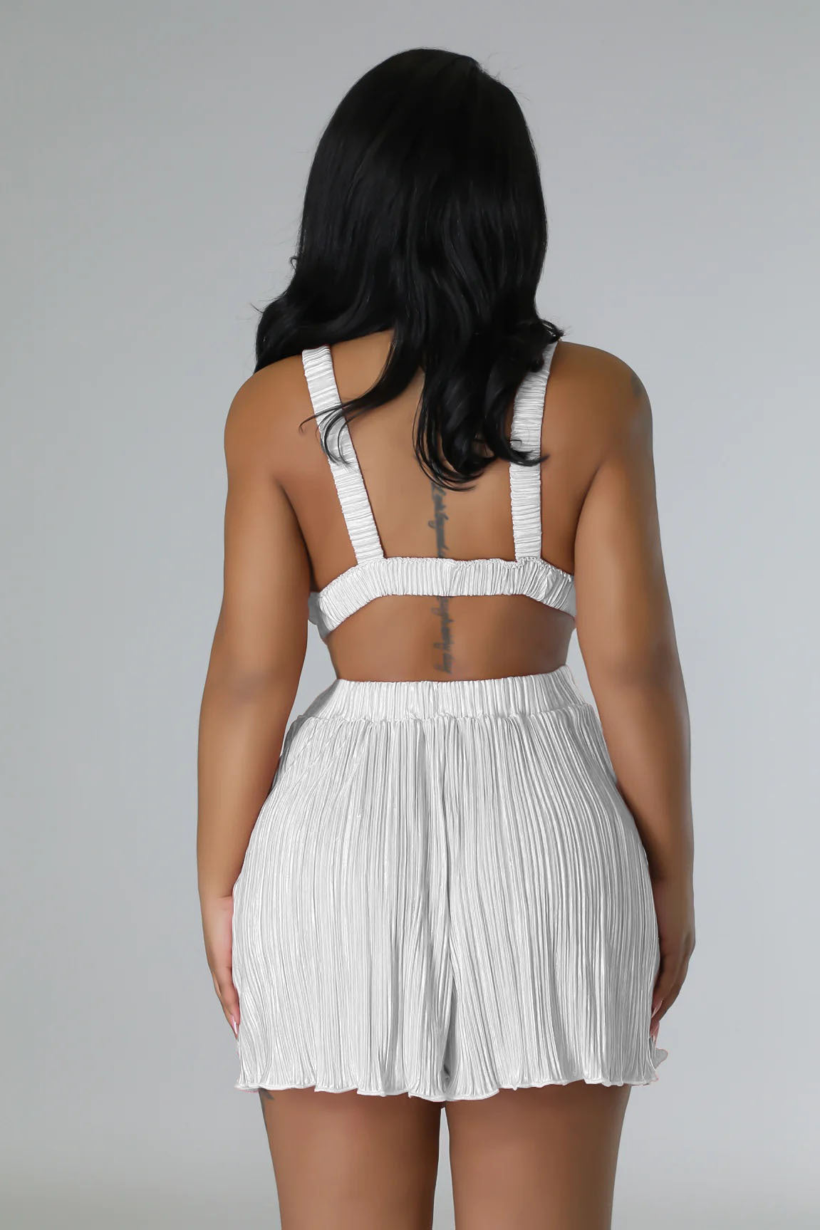 Good Vibes Pleated Deep V Cutout Waist Short Romper