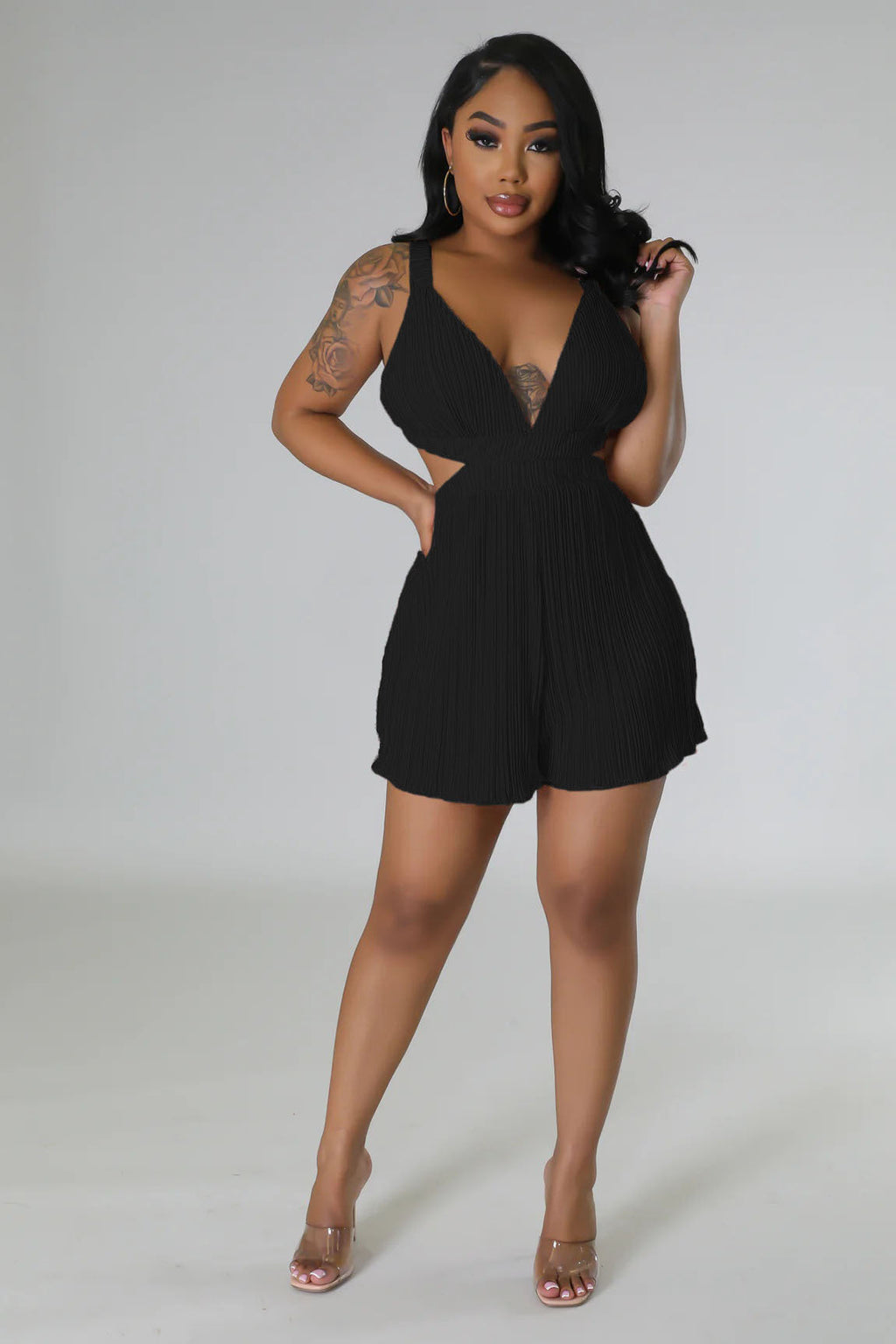 Good Vibes Pleated Deep V Cutout Waist Short Romper