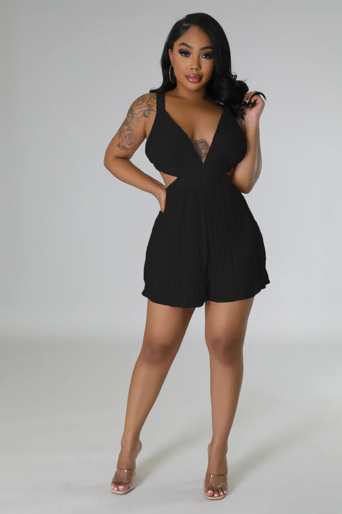 Good Vibes Pleated Deep V Cutout Waist Short Romper
