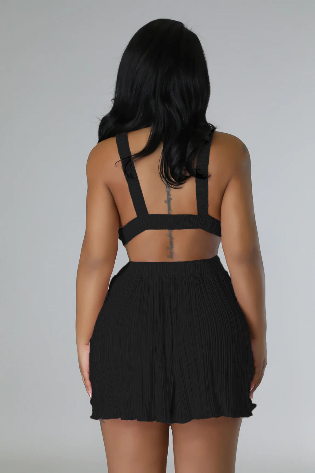 Good Vibes Pleated Deep V Cutout Waist Short Romper