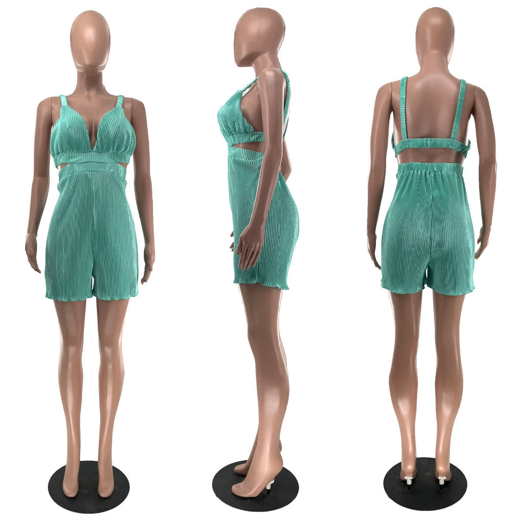 Good Vibes Pleated Deep V Cutout Waist Short Romper