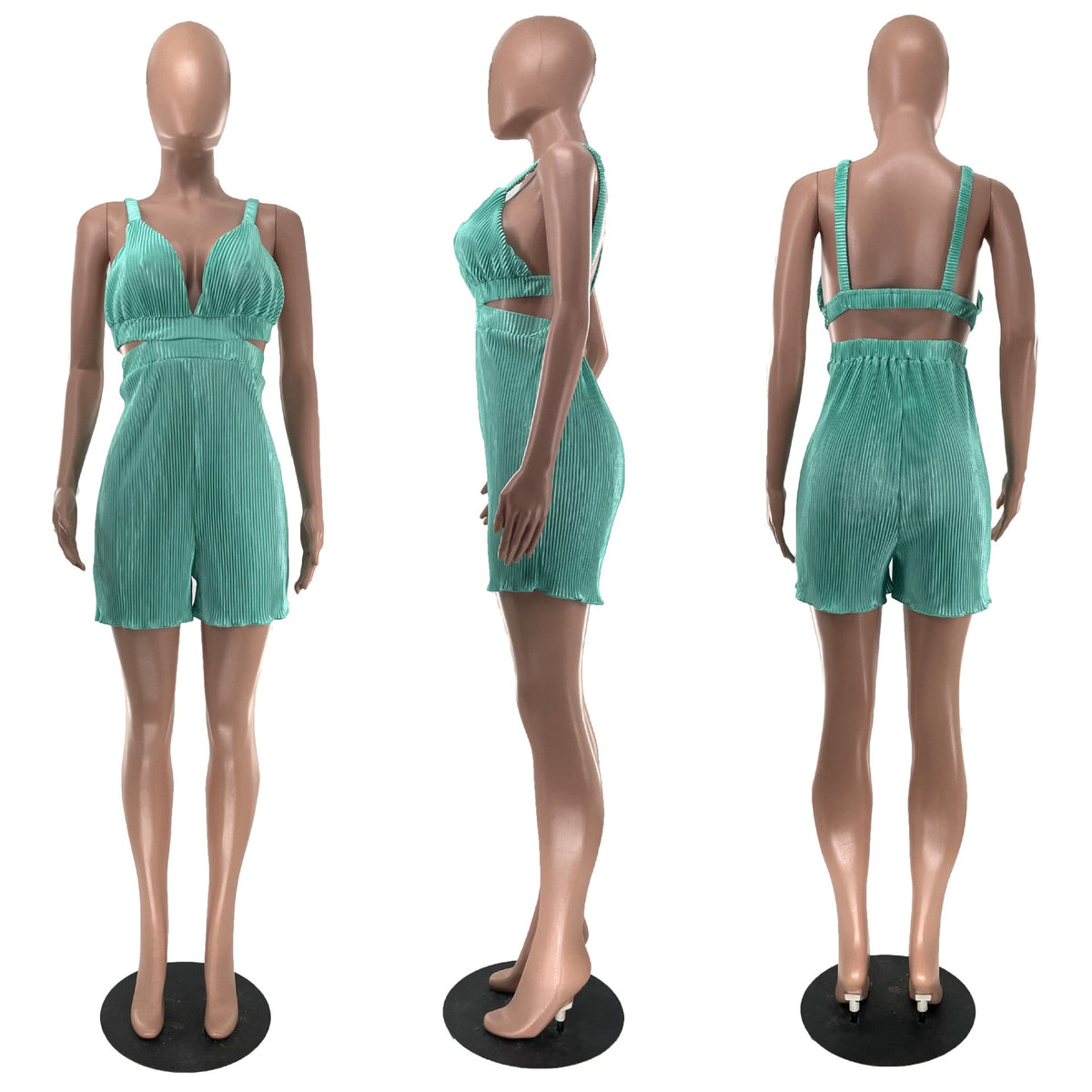Good Vibes Pleated Deep V Cutout Waist Short Romper