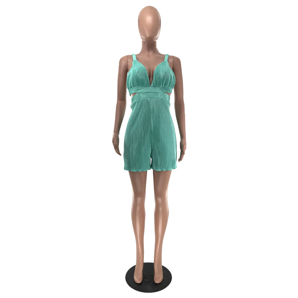 Good Vibes Pleated Deep V Cutout Waist Short Romper