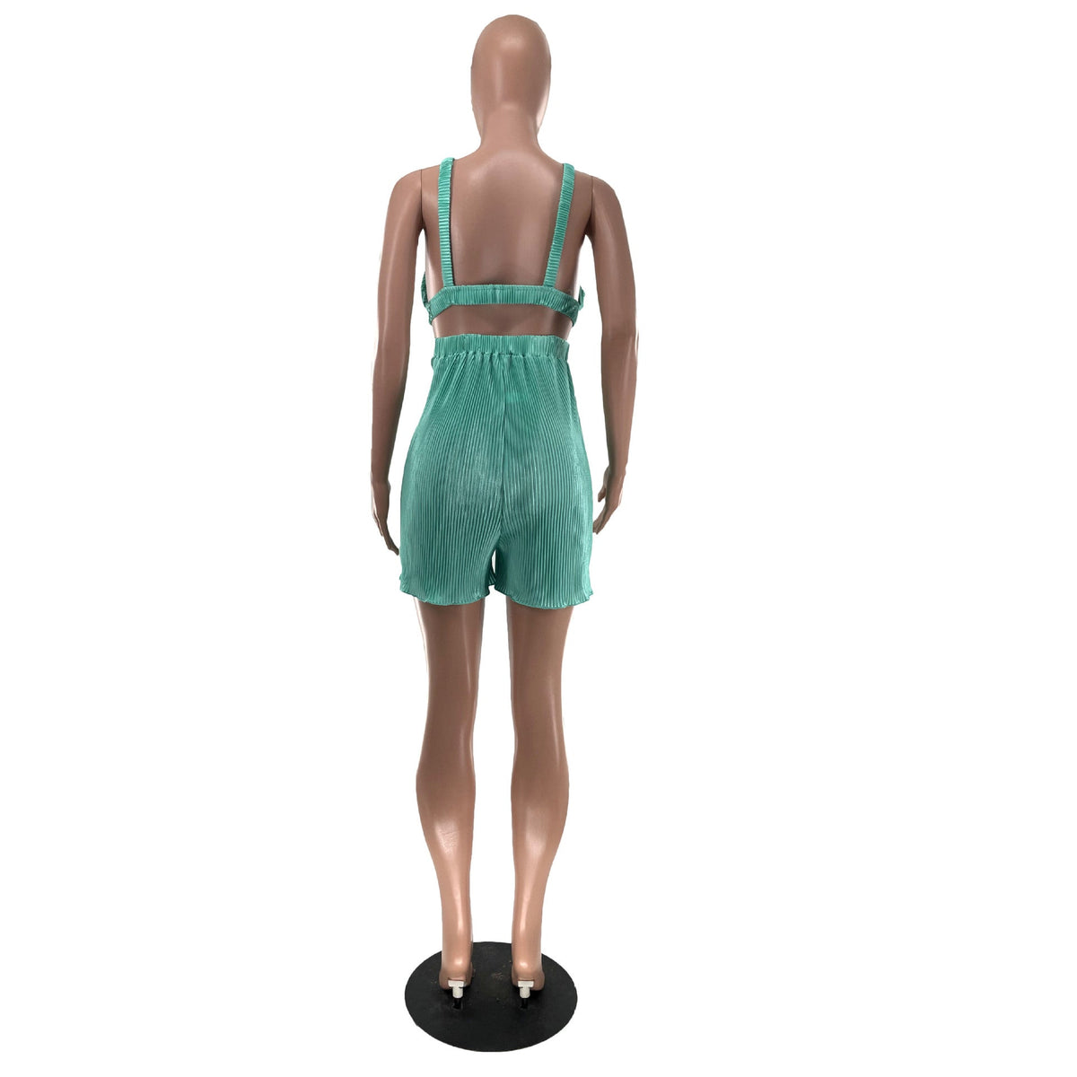 Good Vibes Pleated Deep V Cutout Waist Short Romper