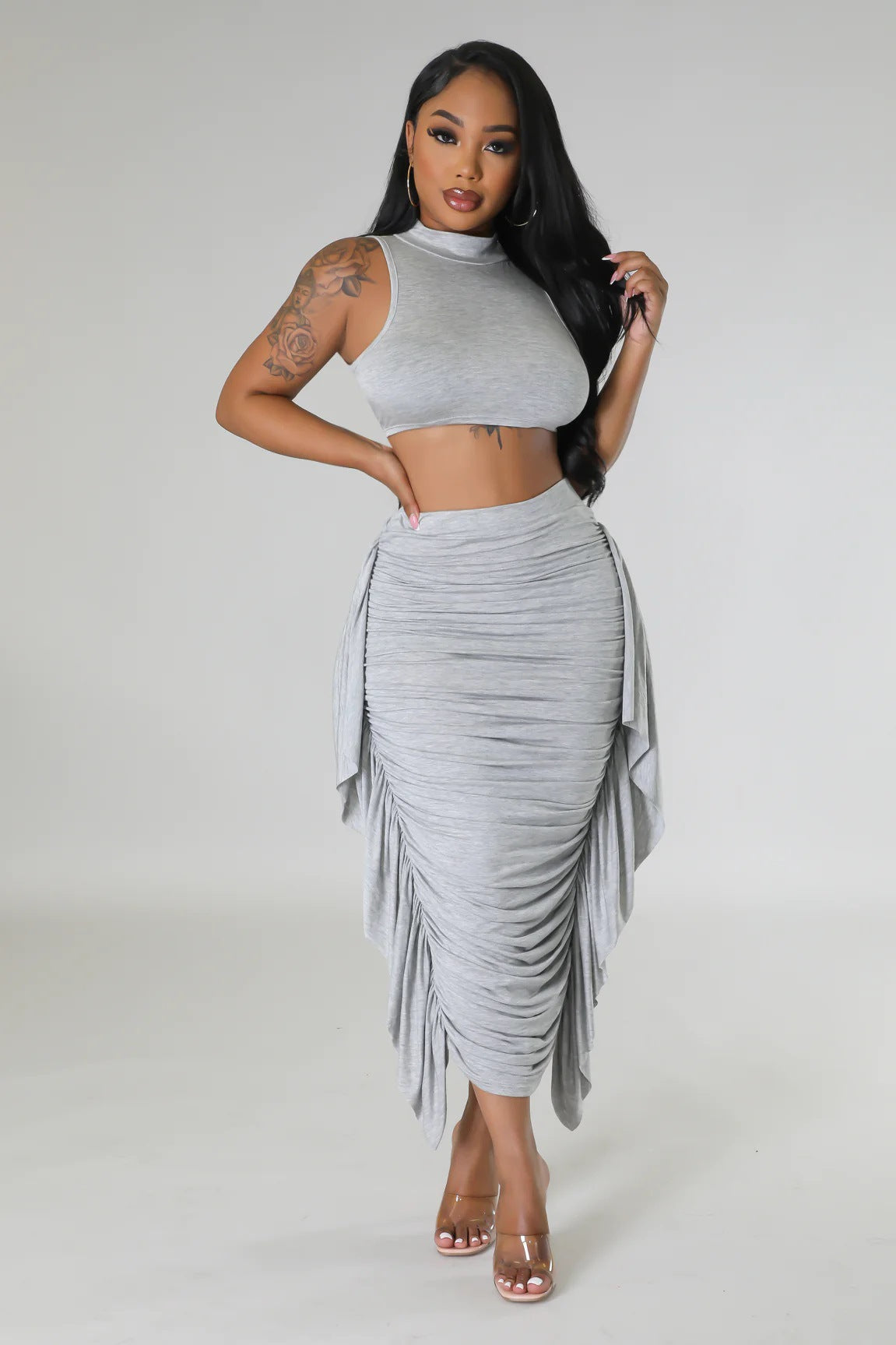Mock Neck Crop Top & Ruched Ruffle Midi Skirt Set