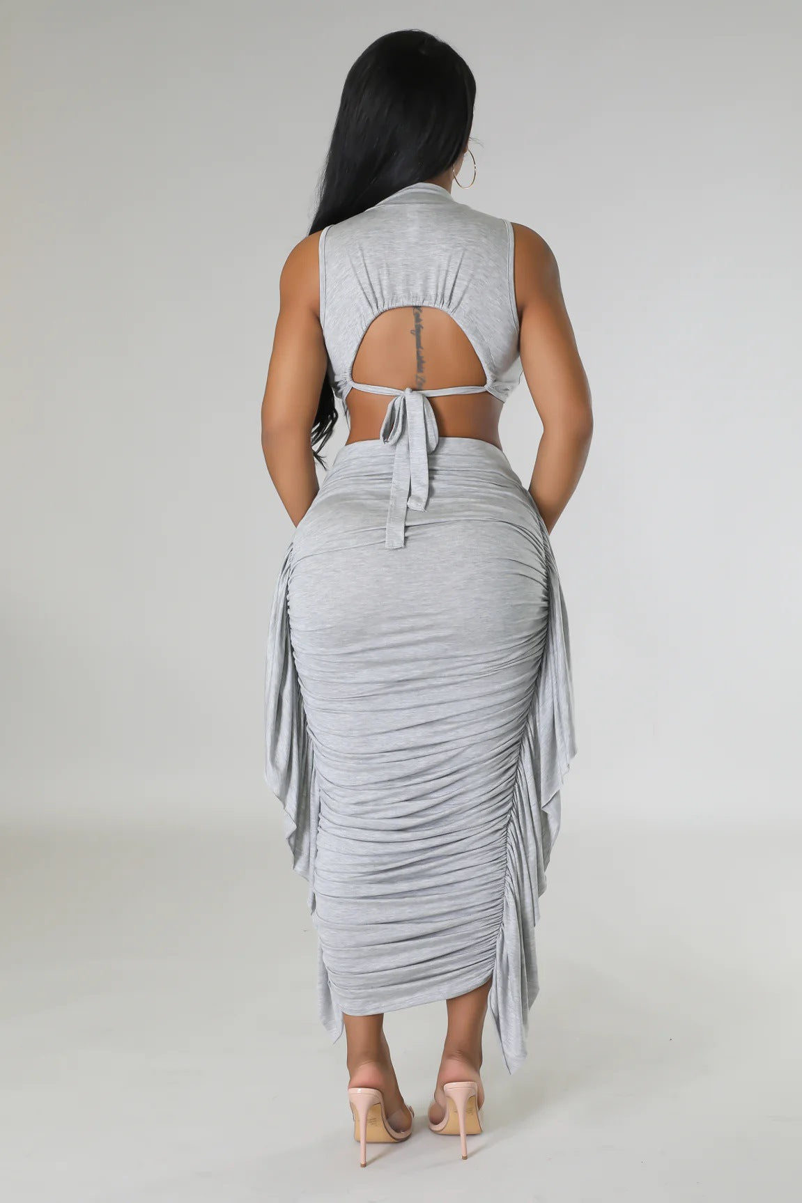 Mock Neck Crop Top & Ruched Ruffle Midi Skirt Set