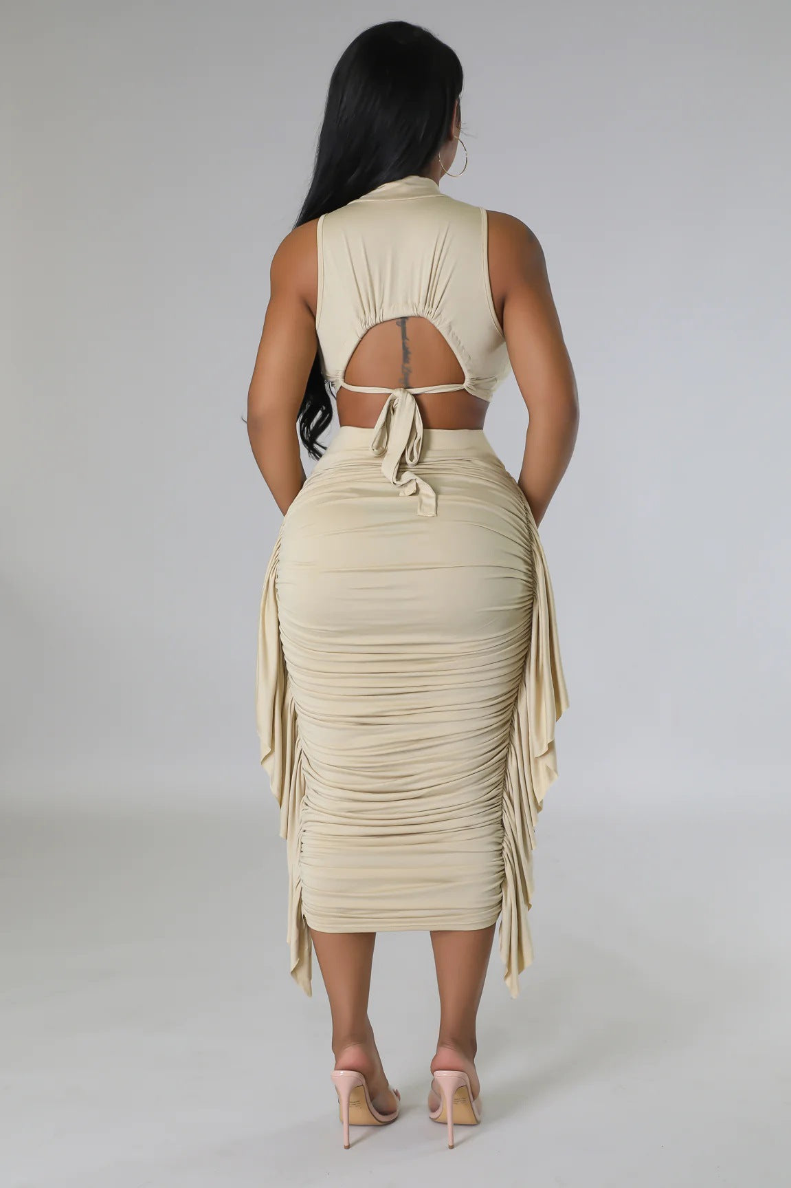 Mock Neck Crop Top & Ruched Ruffle Midi Skirt Set