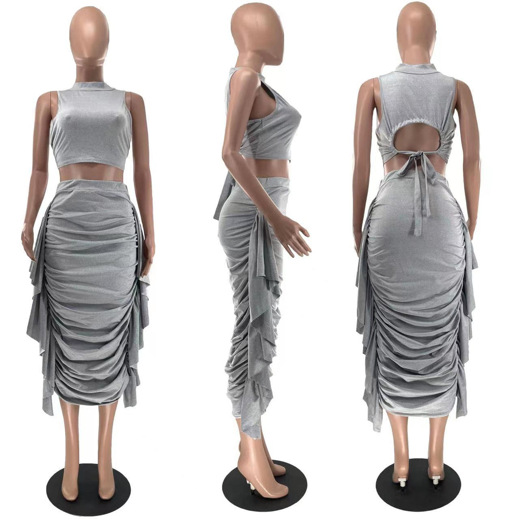 Mock Neck Crop Top & Ruched Ruffle Midi Skirt Set
