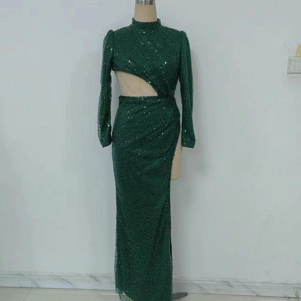 Emerald Sequin Mock-Neck Cutout Asymmetric High-Slit Gown