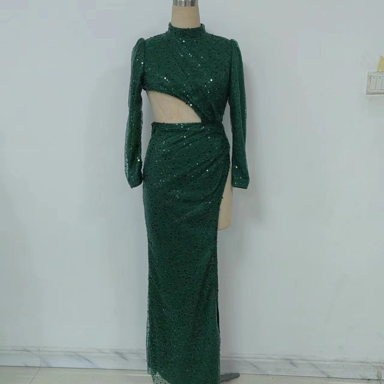 Emerald Sequin Mock-Neck Cutout Asymmetric High-Slit Gown
