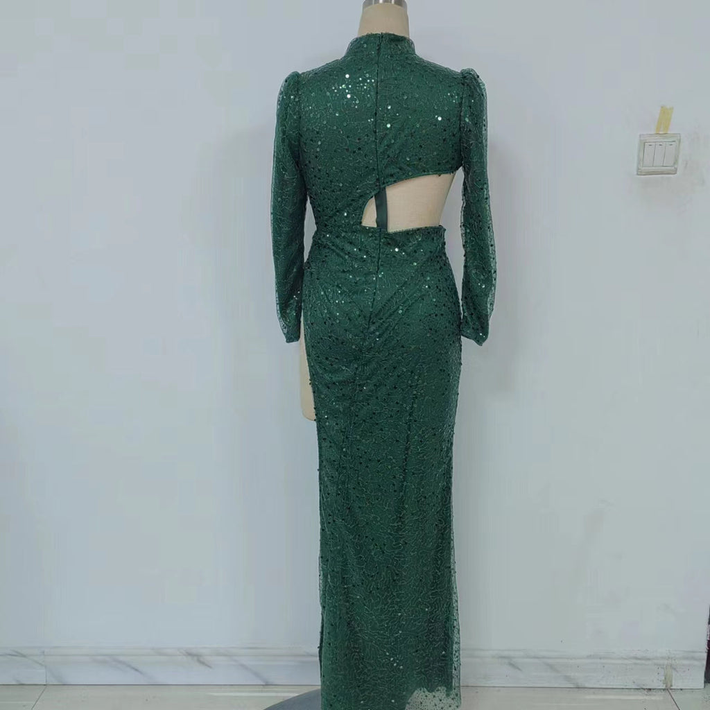 Emerald Sequin Mock-Neck Cutout Asymmetric High-Slit Gown