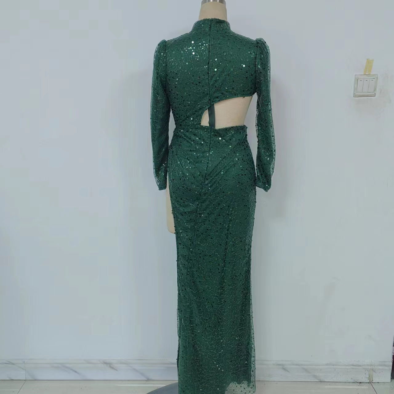 Emerald Sequin Mock-Neck Cutout Asymmetric High-Slit Gown