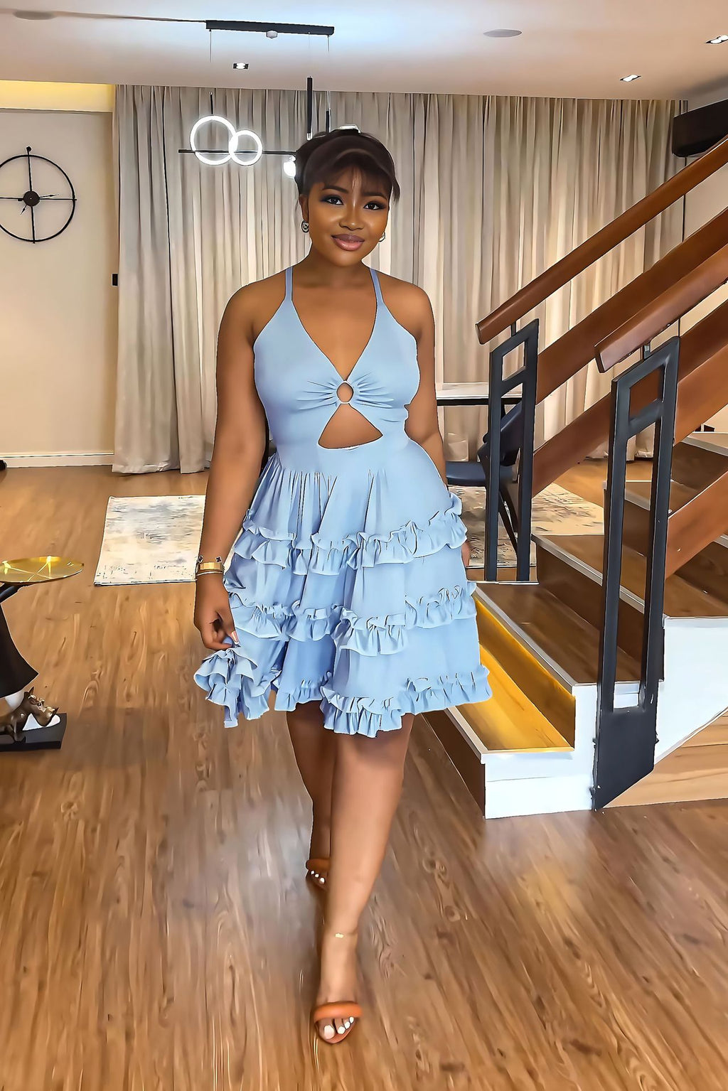Ring Cutout Halter Tiered Ruffle Mini Dress