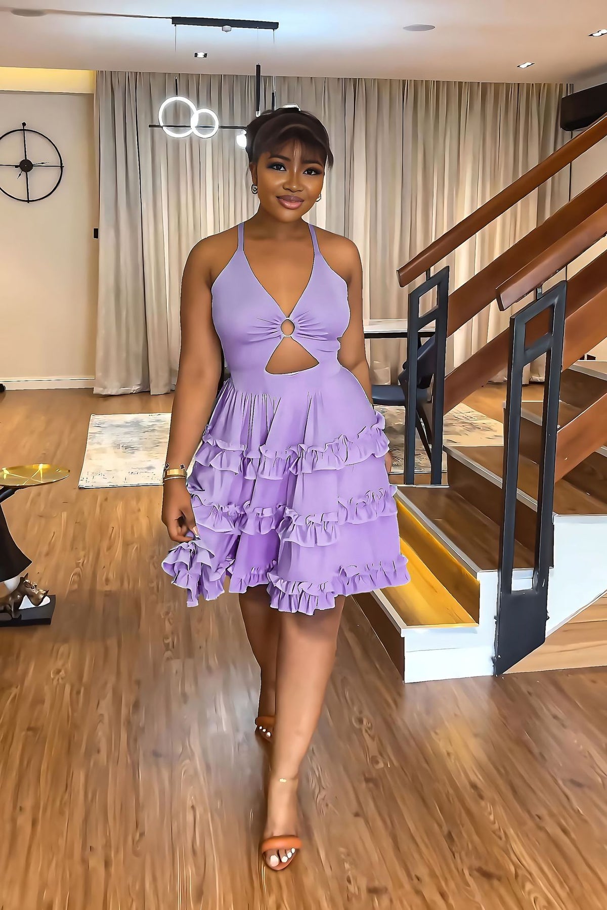 Ring Cutout Halter Tiered Ruffle Mini Dress